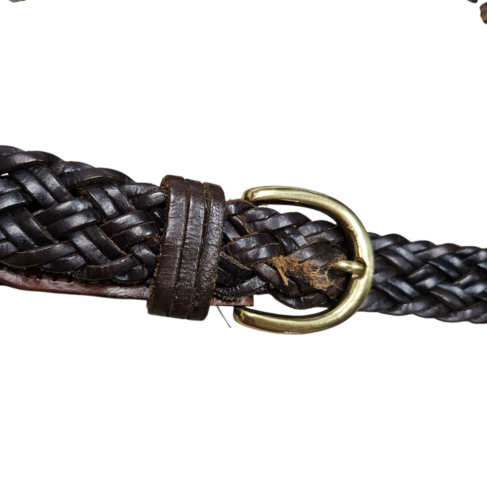 Donna Katz Basic Braided Leather Belt Brass Buckle Woven Brown Belt Large Office